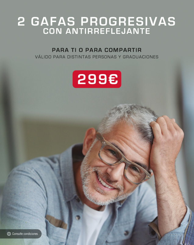 Oferta 2 gafas progresivas con antirreflejante por 299€
