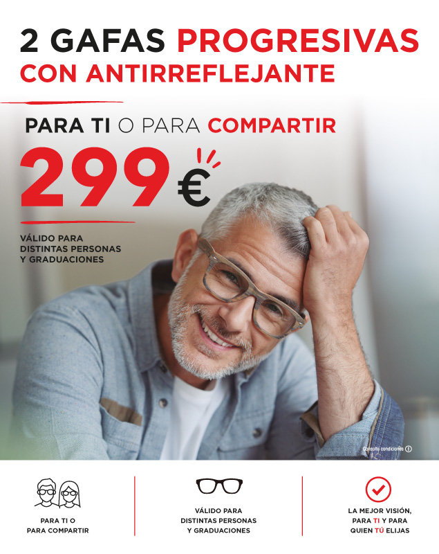 2 gafas progresivas con antirreflejante por 299 euros